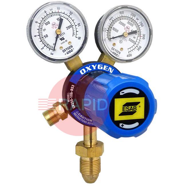 0785-2158  ESAB GCE FE300 Oxygen Regulator Bottom Entry, 10 Bar, G5/8 Inlet, G3/8 Outlet, UK Fitting Only